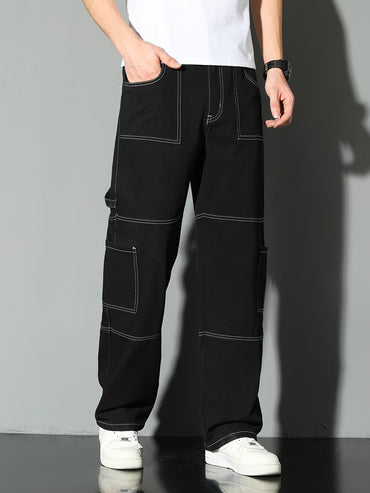 Men's fashion workwear jeans, denim trousers, loose straight-leg pants, all-season style, washed with multiple pockets