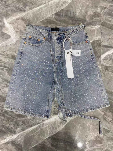 Streetwear Mens Womens Vintage Rhinestone Sequin Denim Shorts Y2K Jeans Hip Hop Washed Baggy Jeans Low Rise Over The Knee Pants