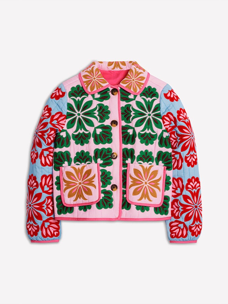 Women's Fashion Print Panelled Quilted Cotton Jacket Long Sleeve Pocket Cardigan Coat 2025 Autumn Winter Daily Casual Outerwear