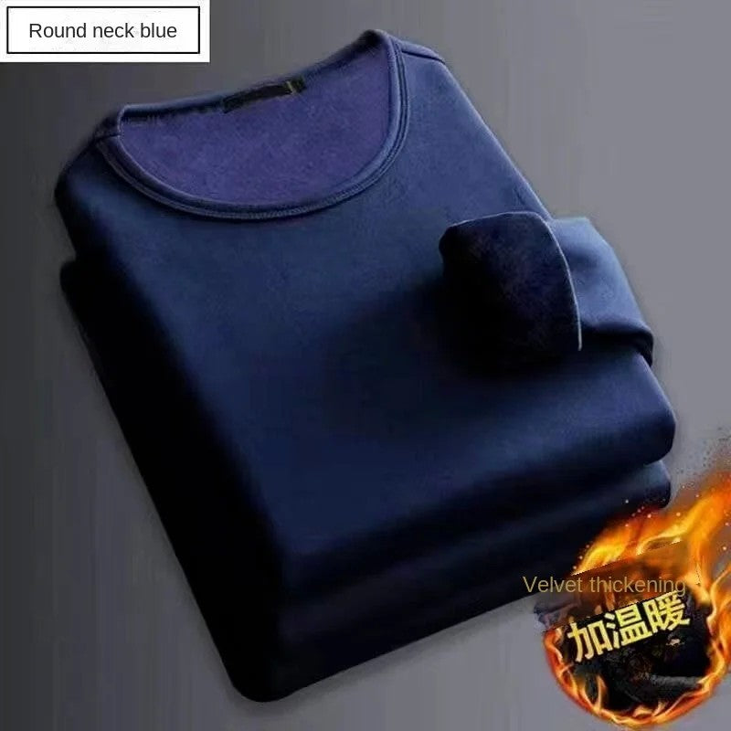 2PCS Men's Underwear Winter Long-sleeved Thermal Underwear Plus Velvet Padded T-shirt O-Neck Solid Color Slim Bottoming Shirt