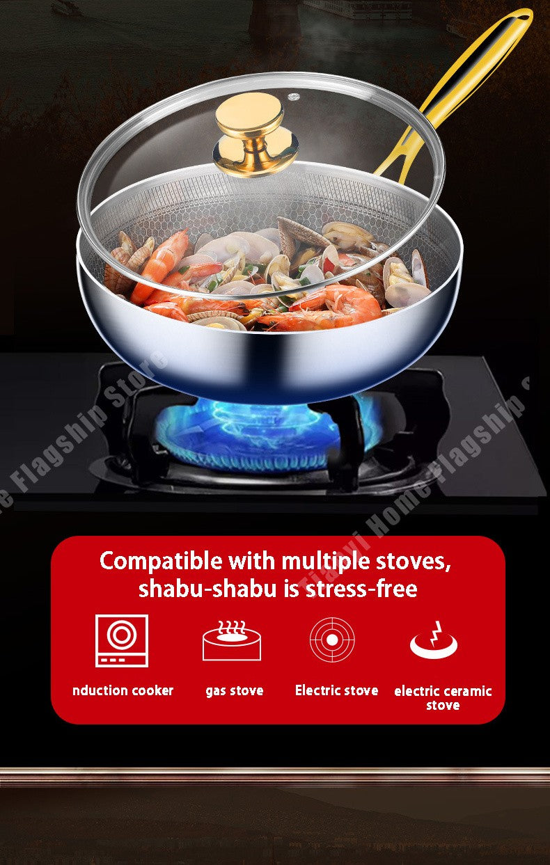 Panela Wok de Aço Inoxidável 316 Antiaderente Favo de Mel para Cozinhar Bife Fogão a Gás Panela de Indução Geral Utensílio de Cozinha
