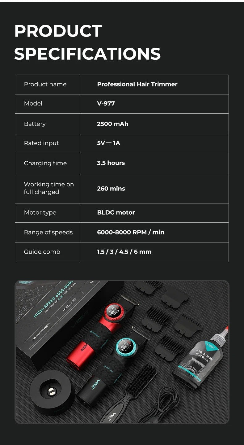 VGR Hair Trimmers Professional Hair Clippers Electric Hair Clippers 0MM Trimmer Reciprocating Mens Beard Trimmers V-977 V-377