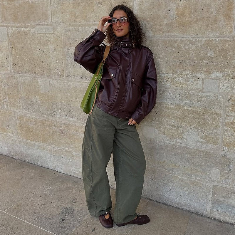 Fashion PU Leather Stand Up Coat for Women Casual Long Sleeve Zipper Lady Jackets 2025 Autumn New Female Outerwear High Street