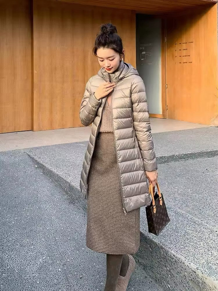 Women's X-long Office Lady Hat Detachable Puffer Jackets 2025 New Arrival Autumn Winter White Duck Down Warm Coat