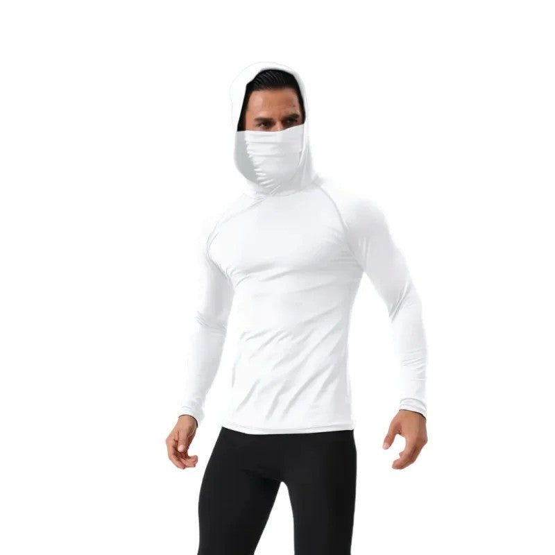 Men Compression t Shirt Soild Casual t-Shirt Long Sleeve Fitness Tops Running Gym t-Shirts Hooded Shirts With Mask Male Clothes