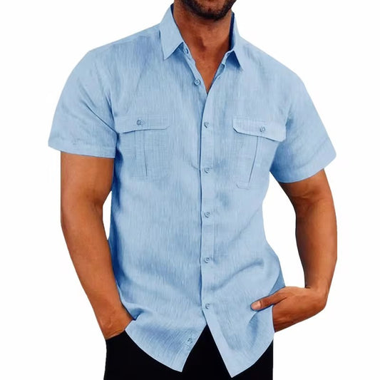 Cotton Linen Hot Sale Men's Short-Sleeved Shirts Summer Solid Color Turn-down collar Casual Beach Style Plus Size