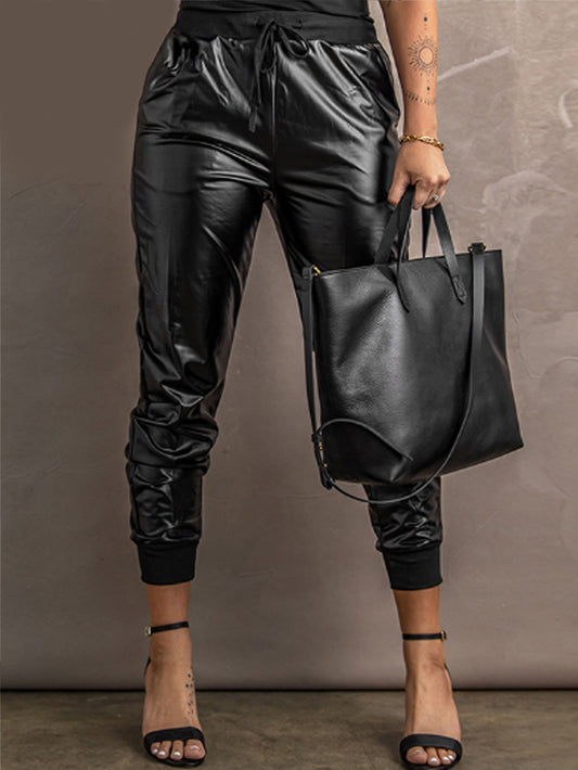 Women Leather Drawstring Pocket Design Mid Waist Loose Elastic Black Solid Color Long Pants