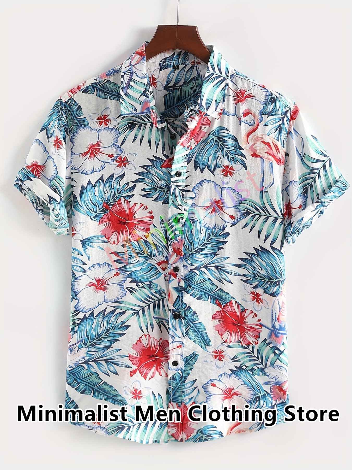 2023 Leaf and Flamingo Print Shirt For Men Hawaiian Shirt Casual Beach Short Sleeve Fashion Tops Male Blouse Summer Clothing
