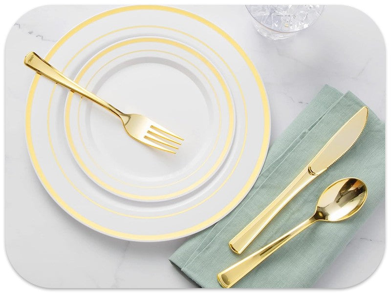 Conjunto de Louça Descartável para Festa Prestee com 600 Peças para 100 Convidados, Talheres Dourados Descartáveis com Pratos, Copos, Facas, Garfos e Colheres