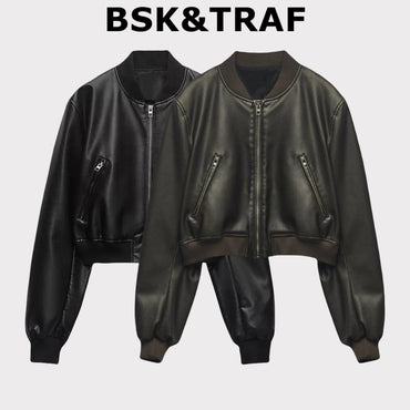 BSK&TRAF Hot Girl Stand Collar Distressed Faux Leather Bomber Jacket 2025 Women's Fashion Commuter Leather Jacket