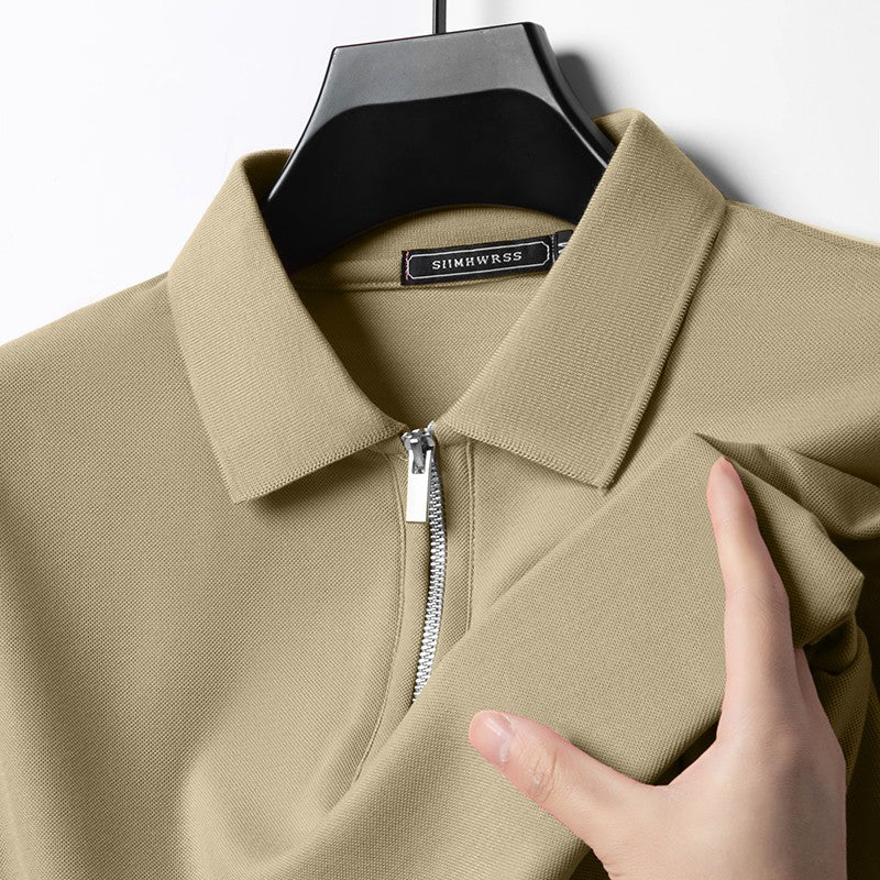 Summer New Men's Casual Slim Fit Polo Shirt Flip Collar Breathable Half Zipper Short Sleeve Top Solid Color Comfortable T-shirt