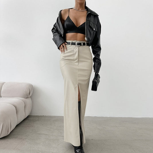 Women High Waist PU Leather Skirts Ladies Solid Slim Maxi Long Skirts