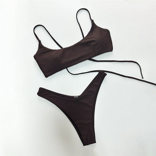 Brown Bandeau Micro Bikini Set Back String Lace-up Sexy Swimsuit Solid Swimwears Woman 2025 High Cut Bathing Suit Bikinis Femmes