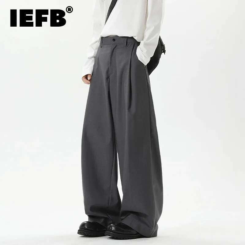 IEFB American Style Men's Suit Trousers Pleated Design Wide Leg Solid Color Button Casual Bottom Straight New Male Pants 9W766