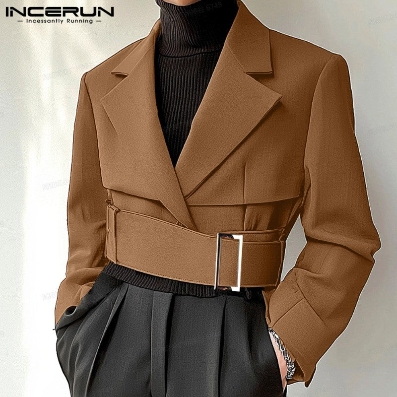 Fashion Well Fitting Tops INCERUN New Men Deconstruct Metal Buckle Suit Coat Casual Streetwear Cropped Long Sleeved Blazers 2025
