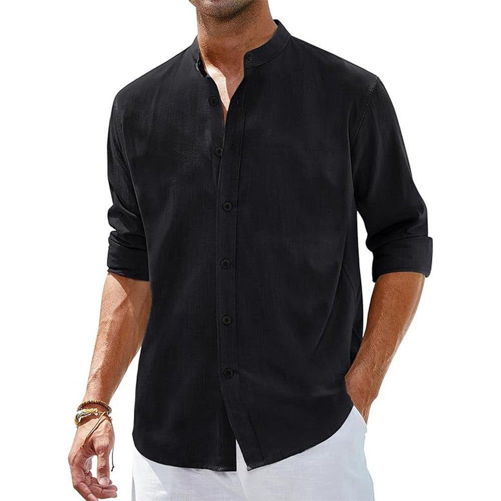 Men's Cotton Linen Shirts Long Sleeve Button Down Shirt Henley Collar Beach Shirts Hawaiian Vacation Casual Tops Men