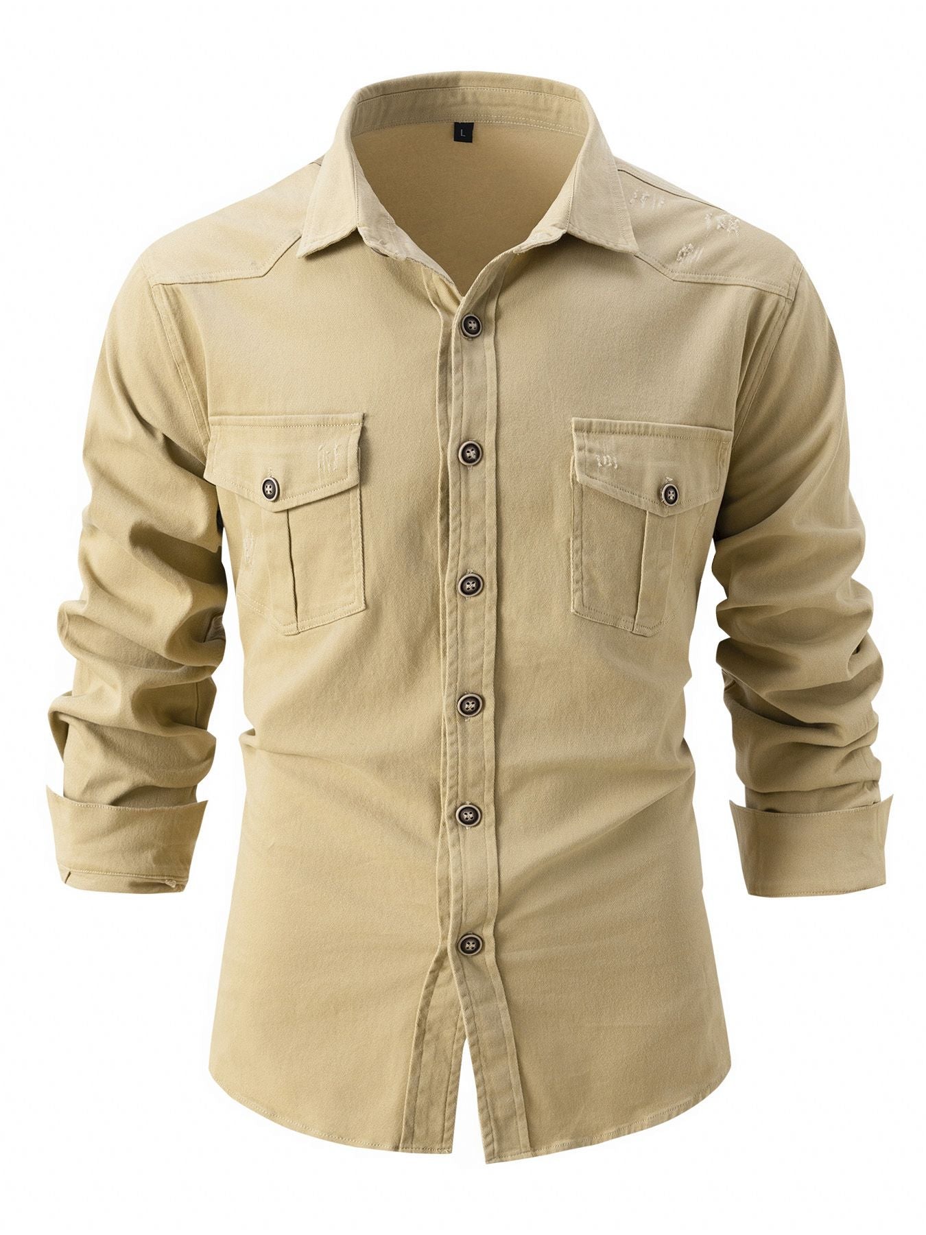 European size denim shirt men's casual solid color double pocket men's long sleeve washed elastic cotton fashion new business sh
