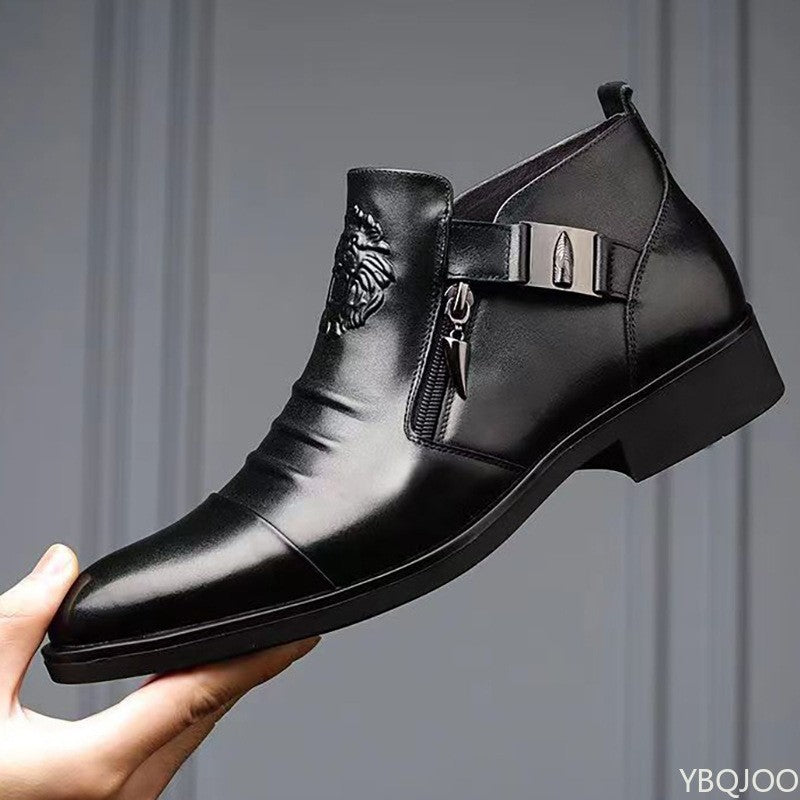Botas Masculinas de Inverno Elegantes Cano Curto Antiderrapantes Couro Sapatos Britânicos Zíper Botas Cavaleiro Preto Bico Fino Plataforma Punk Botas Masculinas Botas