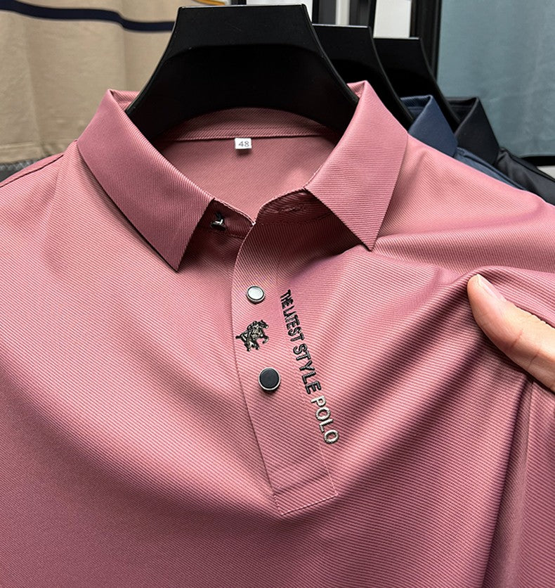 High End Brand New Summer Solid Color Silk Cotton High-quality Short Sleeved Polo Men's Fashionable Business Seamless Casual Top