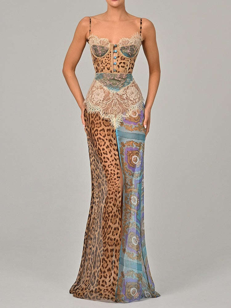 Mozision Leopard Print Lace Split Sexy Maxi Dress Women Gown Elegant Patchwork C
