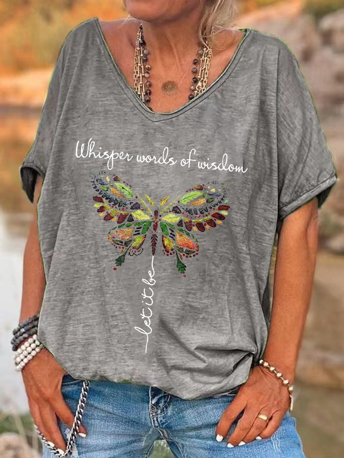 Ilstile Retro Hippie Butterfly T-Shirt Women Whisper Words Of Wisdom Print V-Neck Short Sleeve Loose Casual Summer Top