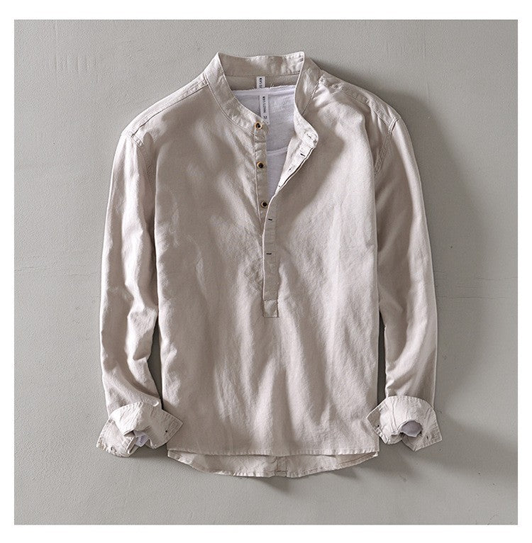 2024 Men's Linen Long-sleeved Shirt with Stand Collar, Youth Casual Loose Men's Cotton and Linen White Shirt.Beach Vacation Top