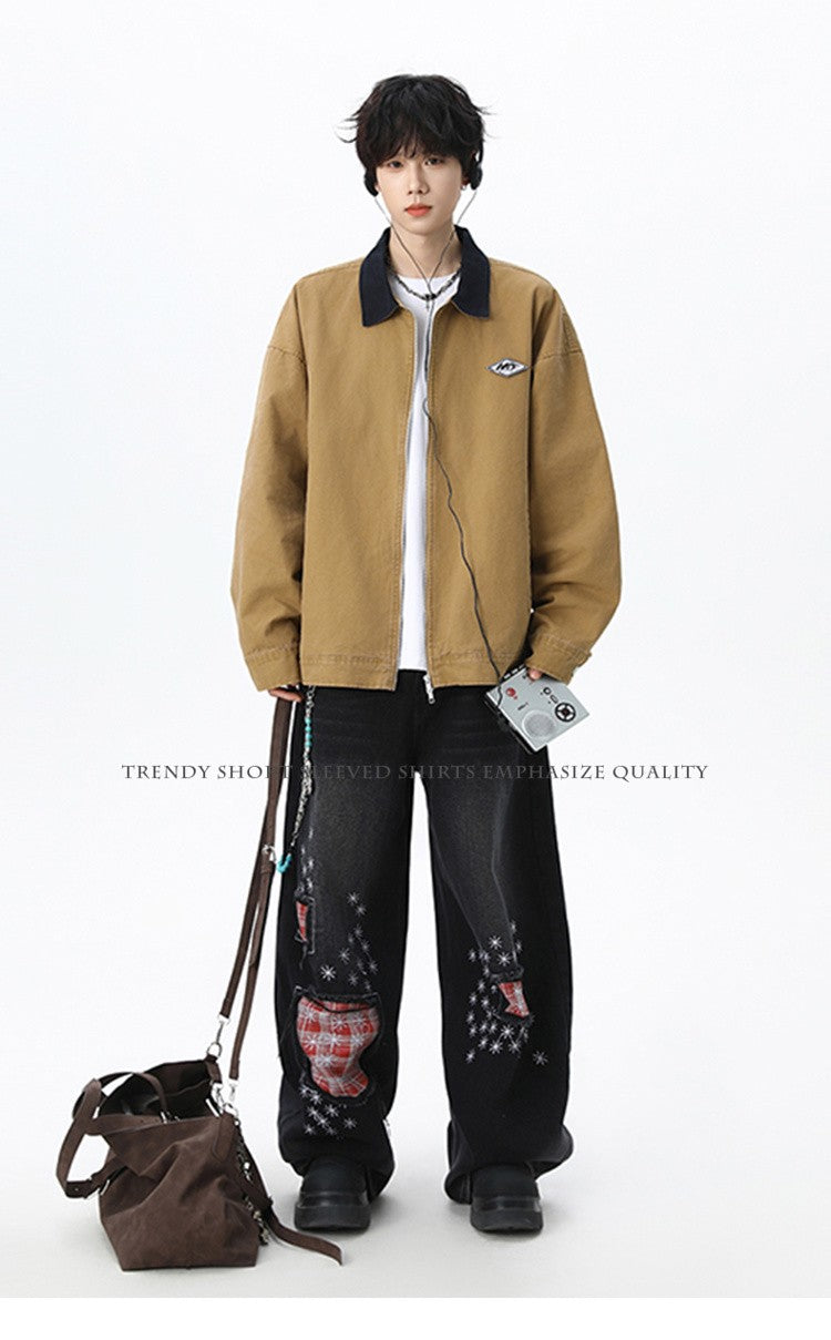 Maxbarley Trendy Cotton Jacket Men Autumn 2025 Hip-Hop Stitching Windproof Lapel Jackets K-Pop Antique Washed Motorcycle Coat