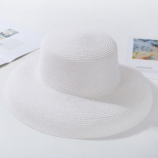 2023 New Summer Sun Hats Ladies Solid Plain Elegant Wide Brim Hat Female Round Top Panama Floppy Straw Beach Hat Women ????