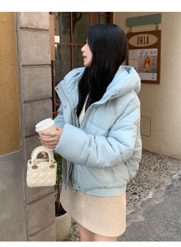 Korean Winter Women Black Beige Hood Zipper Down Jacket Ladies Blue Single Breasted Short Warm Thick Bread Coat Streetwear Trend