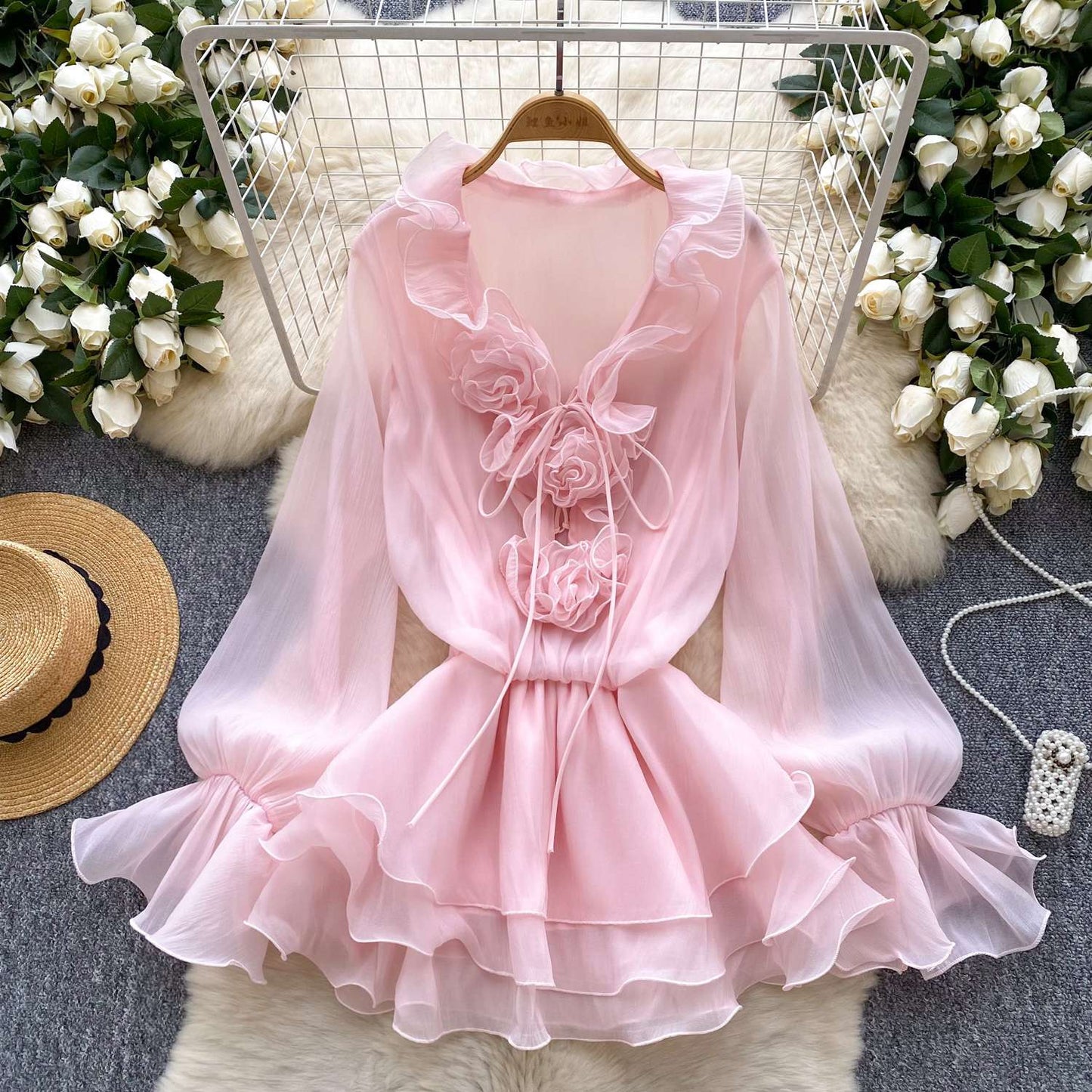 SINGREINY 3D Floral Beach Short Dress Female Long Sleeves Lace Up Ruffle Chiffon