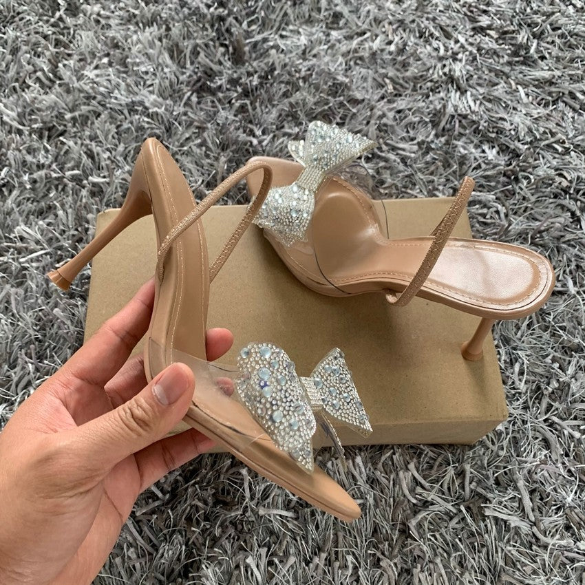 Summer Women High Heel Sandals Transparent PVC Heels Luxury Rhinestone Bow Slingbacks Female Sexy Party Wedding pumps Shoes