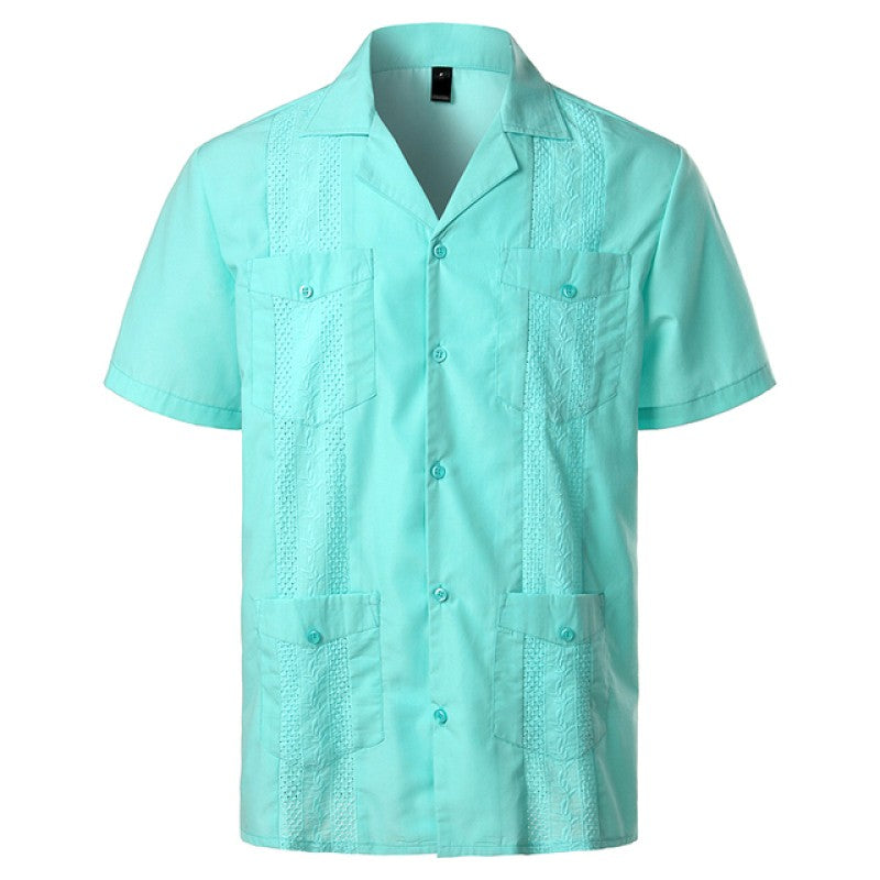 Men's Traditional Cuban Camp Collar Guayabera Shirts Short Sleeve Embroidered Mexican Caribbean Style Beach Shirts with 4 Pocket