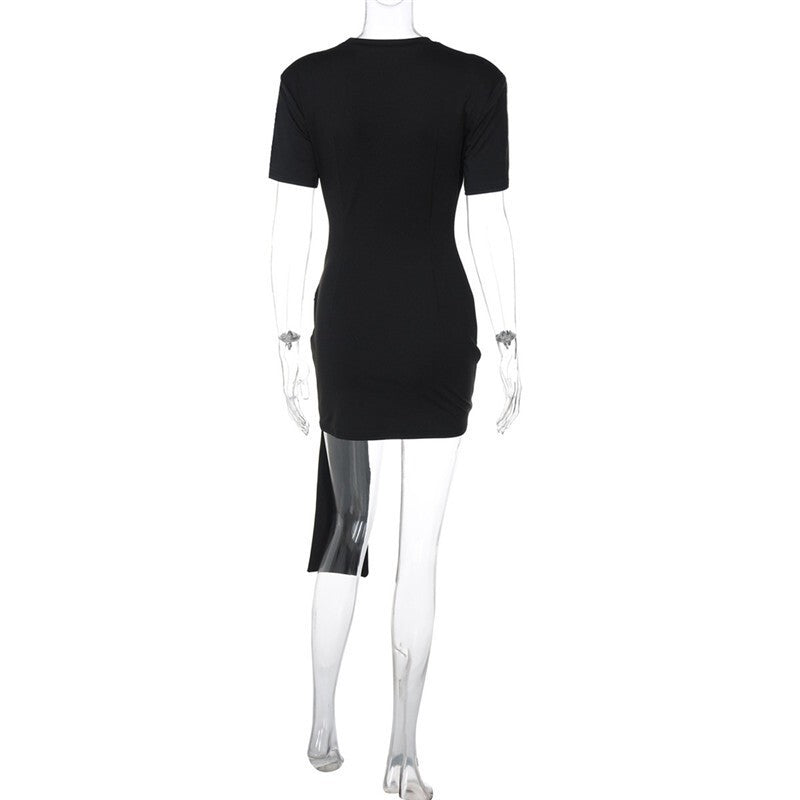 Mozision Short Sleeve Draped Sexy Mini Dress For Women Black Metal Buckle O Neck