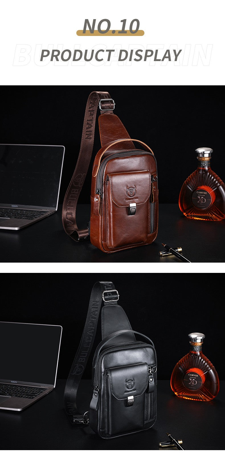 BULLCAPTAIN Men's Genuine Leather Chest Bag Casual Retro 7.9-inch Mobile Phone Bag Multifunctional Anti-Theft Crossbody Bag