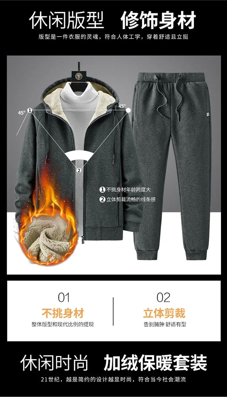 Lamb Cashmere Tracksuit Set Winter Men Sportsuit Gym Sportswear New Thermal Hoodies Fleece Tracksuit Windproof Sport Suit Men