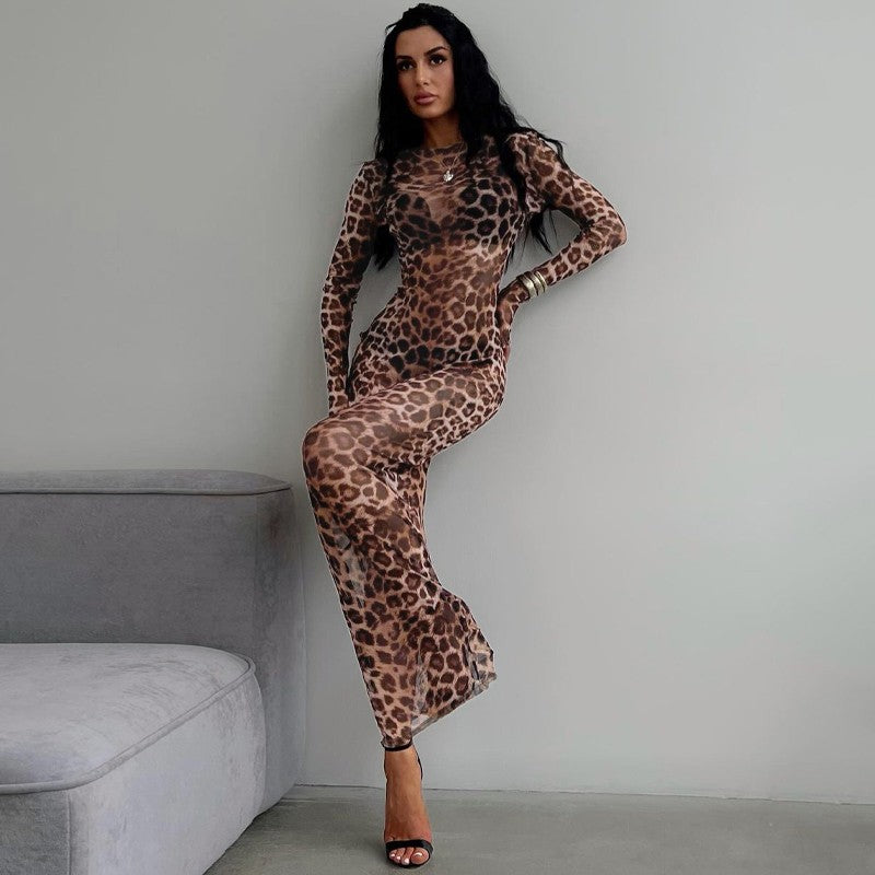 Hugcitar Leopard Print Mesh Long Sleeve Sexy Slim  See Through Maxi Dress Fall W