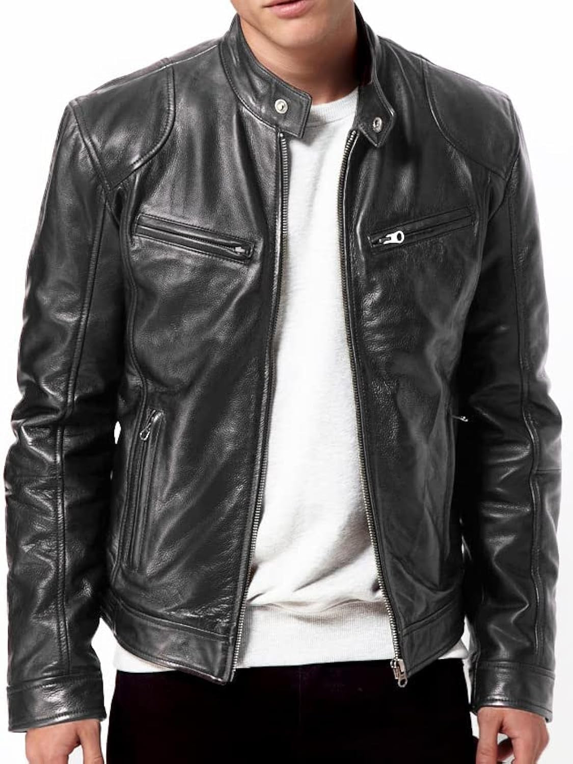 Men's Retro True Brown Motorcycle Jacket New High Quality Men's Casual Coat Men's Black Genuine Lambskin Leather Biker Jacket