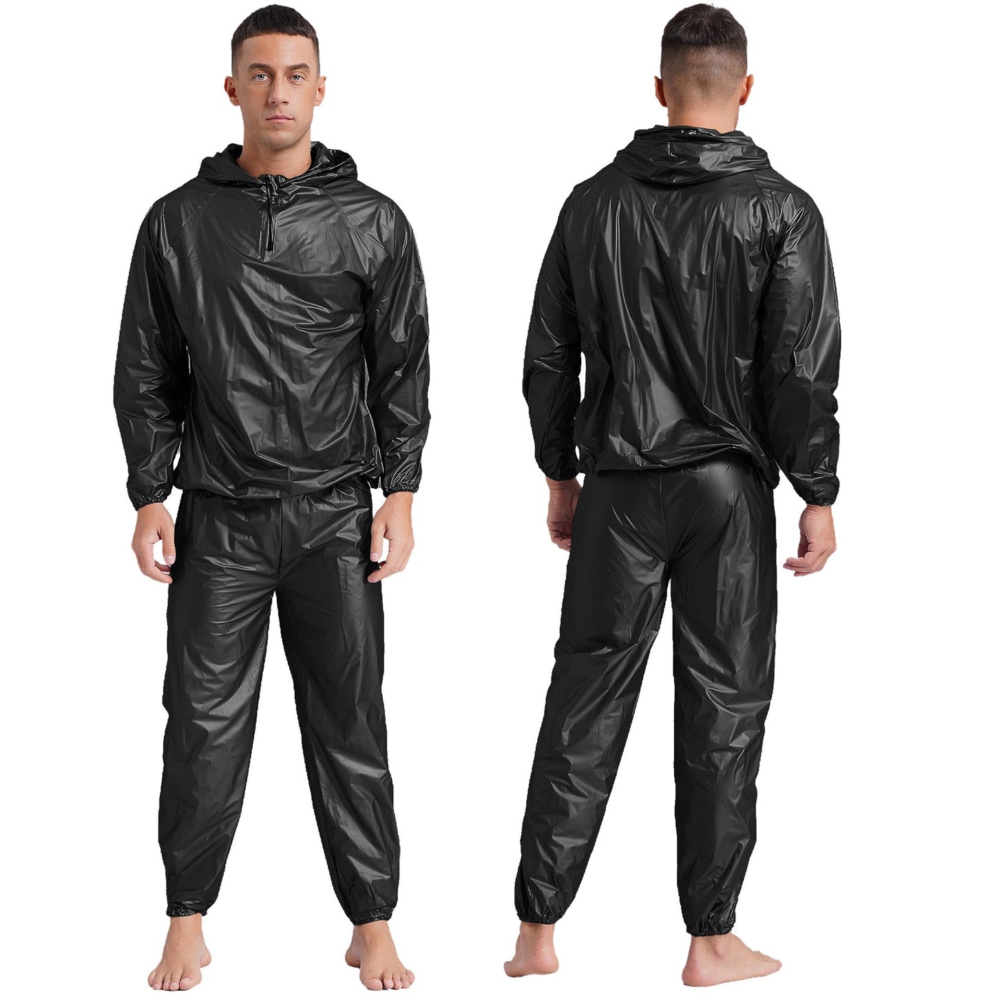 Mens Pullover Style PVC Sweating Suit for Boxing Gym Workout Fitness Sauna Sweat Outfit Hooded Jacket Outerwear And Long Pants