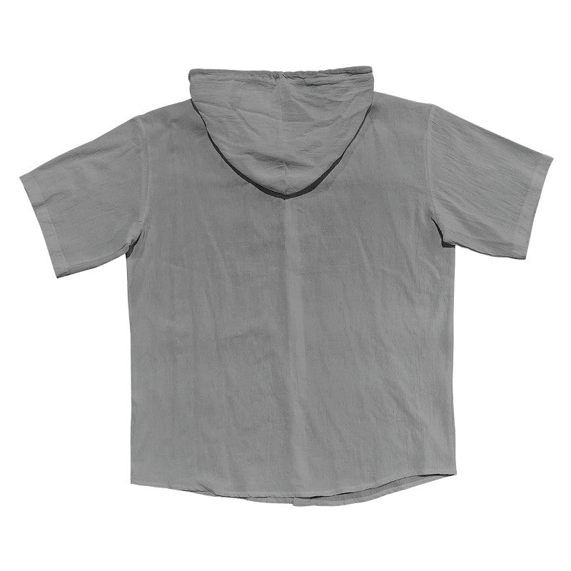 Summer cotton linen men's short sleeved shirt in US size solid color hooded casual T-shirt plus size men's clothing