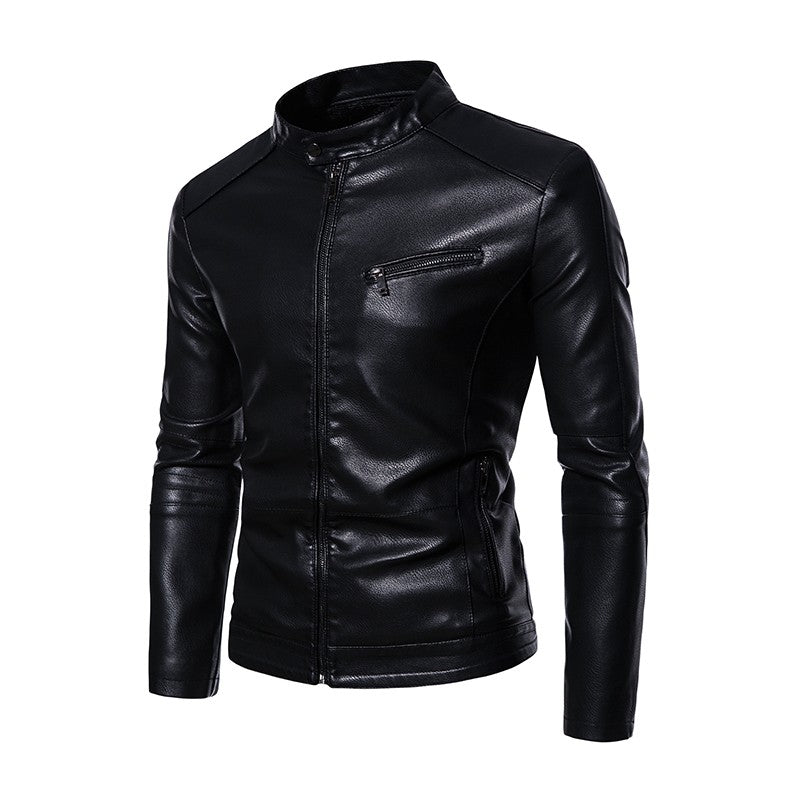 2025 PU Casual Leather Jacket Men Fleece Motorcycle Biker Slim Fit Outerwear Men Solid Stand Collar Leather Jackets