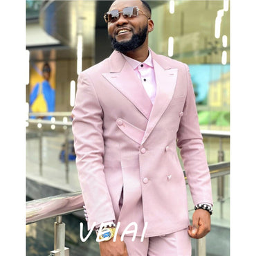 CustomizedPink Men Suits Tailor-Made Double Breasted Groom Tuxedos Wedding Terno Masculino Prom Costume Homme Italien 2PCS(Blaze