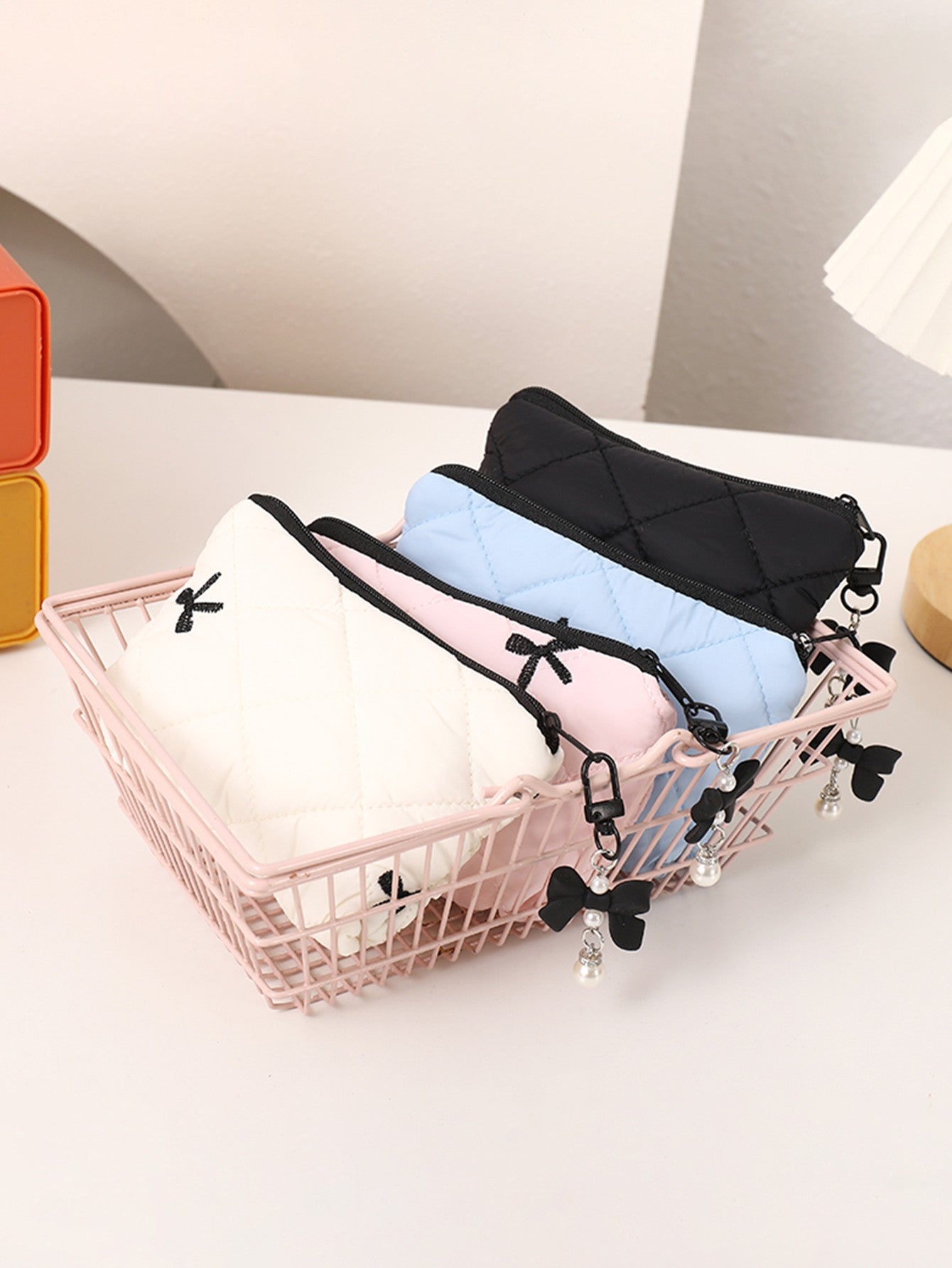 Simple bow quilted clutch, portable everyday small item pouch for lipstick, earphones, and change, soft travel makeup bag