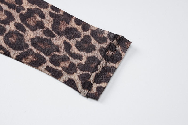 Hugcitar Leopard Print Mesh Long Sleeve Sexy Slim  See Through Maxi Dress Fall W