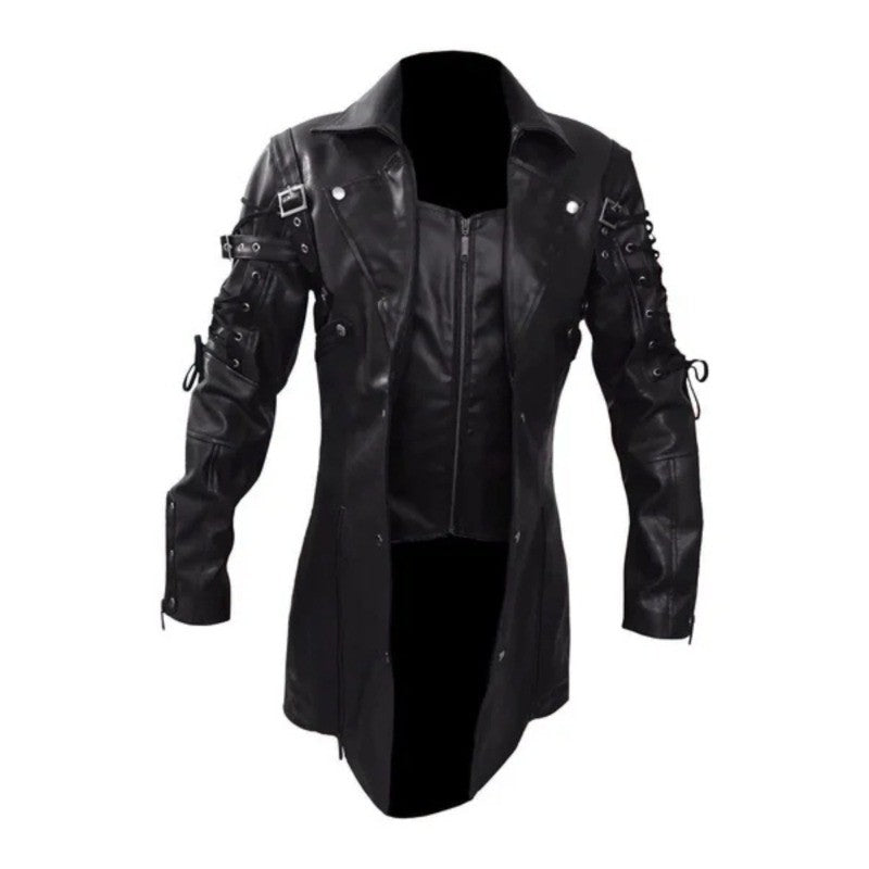 New Steampunk Men's Gothic Trench Coat Leather Jacket Punk Style Biker Jacke Autumn Winter Motocycle Jacket