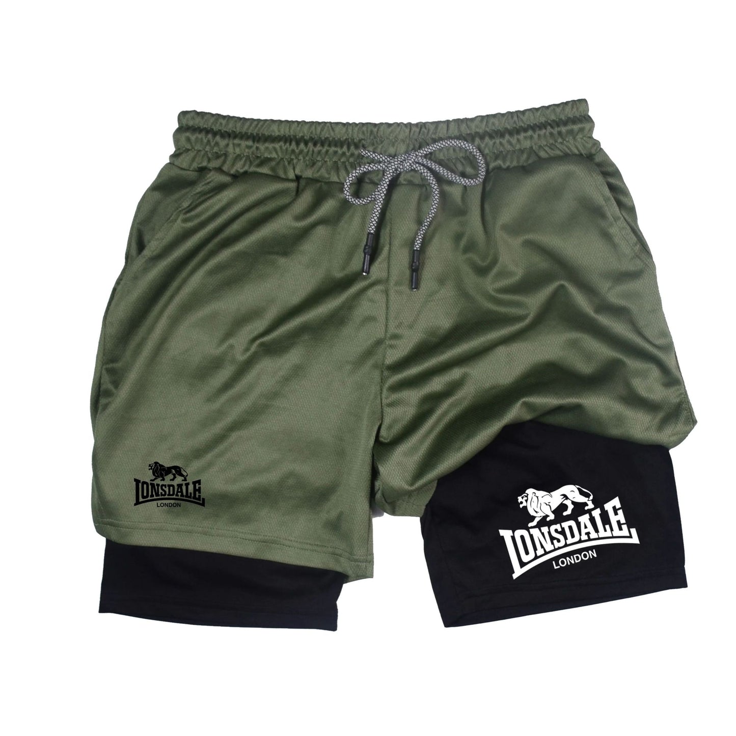2 in 1 Running Shorts Men Workout Lonsdale Compression Shorts with Phone Pocket Towel Loop Summer Sport Athletic Activewear