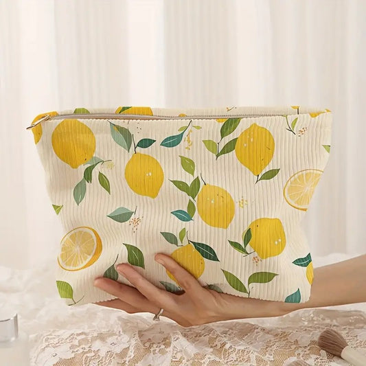 Minimally designed floral printed corduroy zipper makeup bag, lightweight and multifunctional cosmetic storage bag