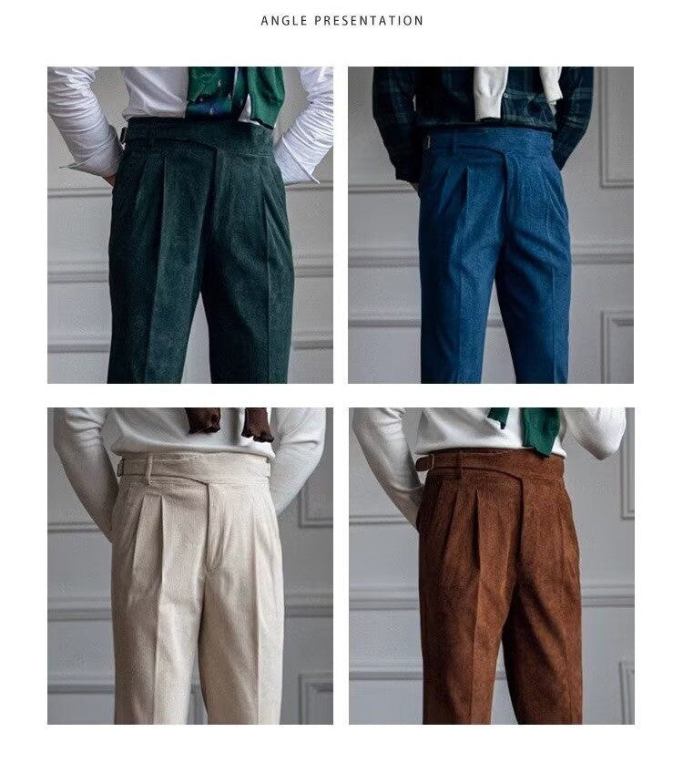Italian Style Corduroy Naples Suit Pants Men High-waisted Adjustable Belt Straight Trousers Autumn England Business Casual Pant
