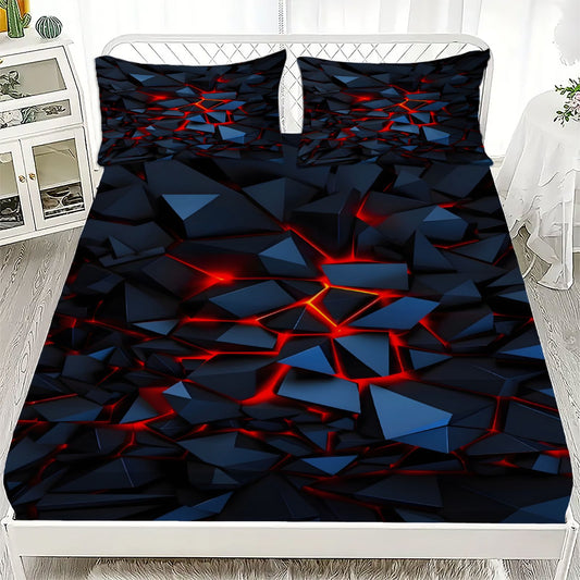 3pcs Fitted Sheet Set Visual Geometry Dizziness Print 100% Polyester Breathable Bedding Set for Home Decor with 2 Pillowcases