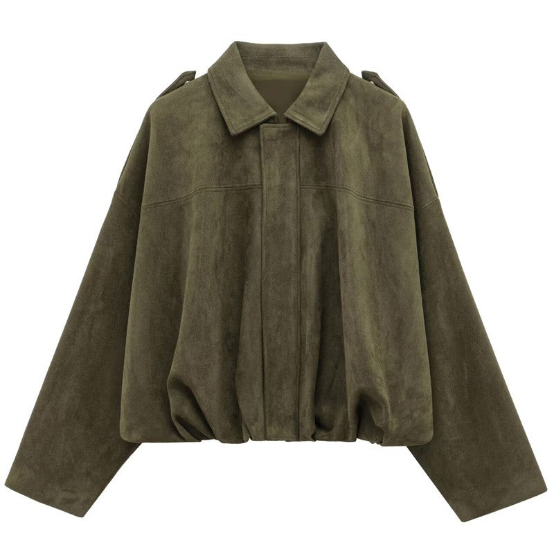 HXAO Women's Bomber Jacket Lapel Long Sleeve Zipper Suede Jacket Women 2025 High Street Cropped Racing Jackets Coats Outerwears