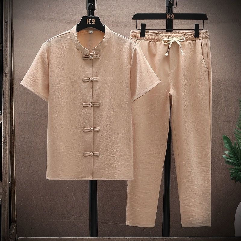Summer New Fashion Solid Color Breathable Cotton and Linen Suit Men's Leisure Loose Sports Large Size High-Grade Two-Piece Set